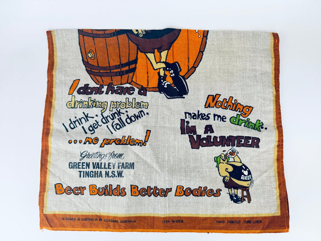 Product image for 'vintage australian handprinted linen tea towel beer builds better bodies australian barware souvenir' (view fc75c3)