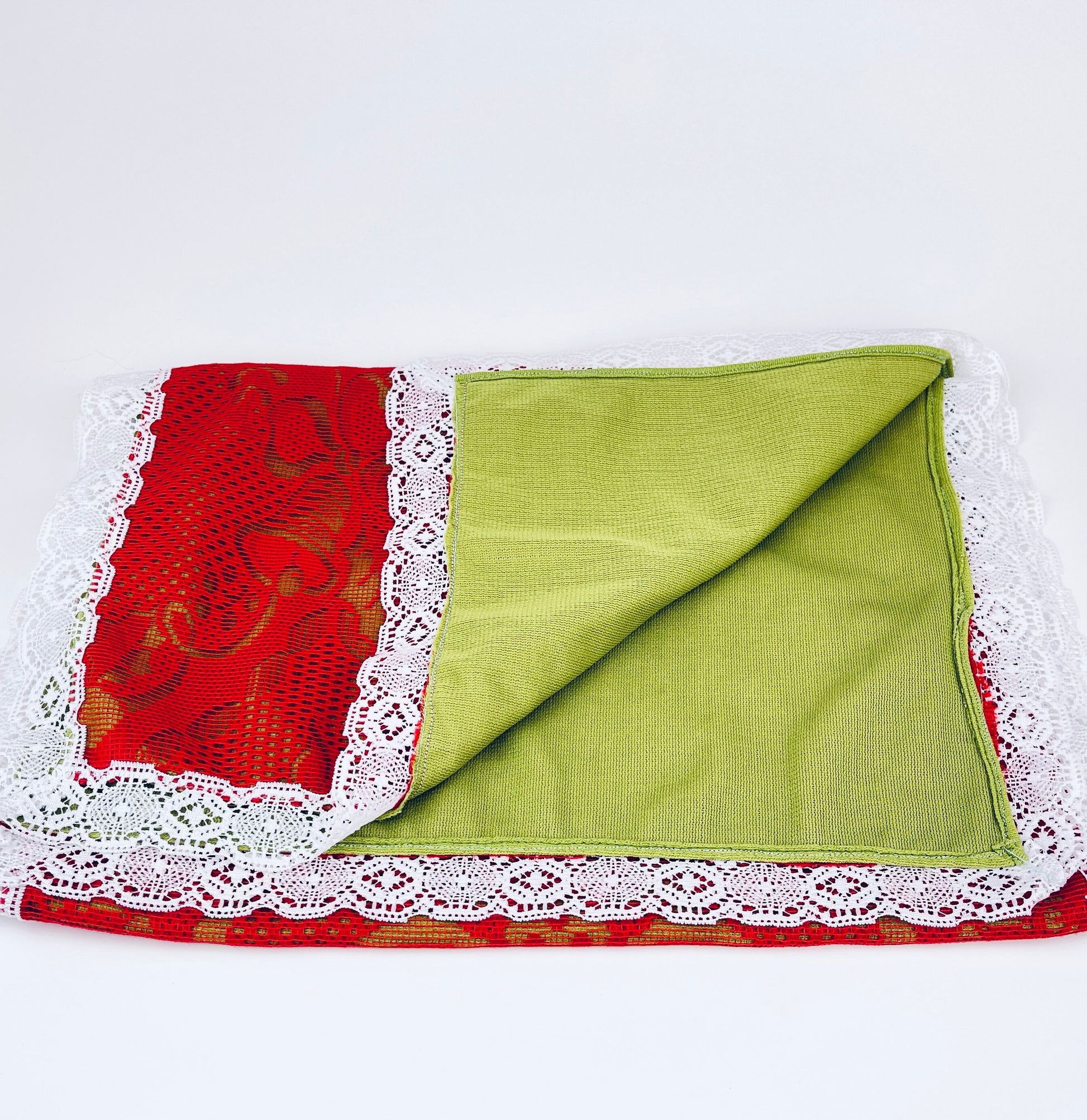 Product image for 'vintage christmas table runner poinsettia bells red green white lace pattern 16 5 x 44' (view b08c8c)