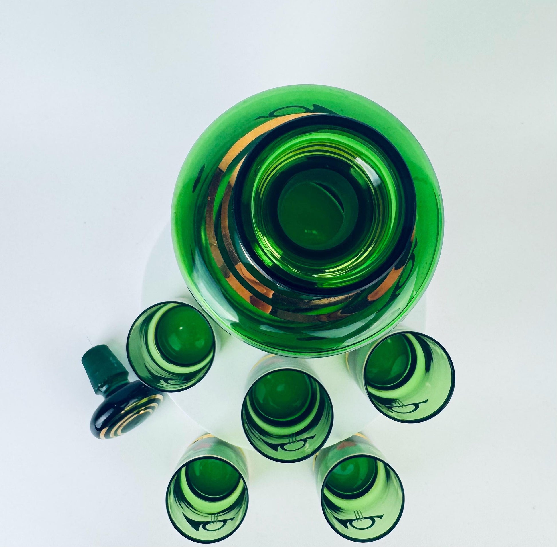 Product image for 'vintage mid century emerald green gold glass decanter shot glass set 1960s mcm heart trumpet barware' (view 55c3e2)