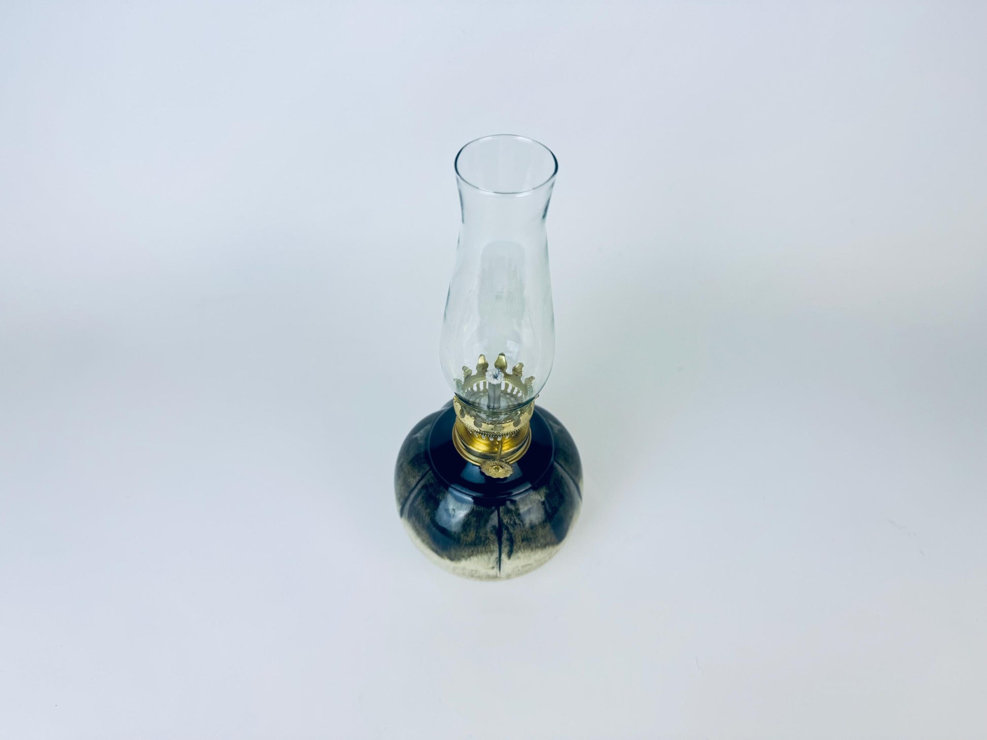 Product image for 'vintage small round stoneware hurricane chamber oil lamp made in canada' (view 996491)