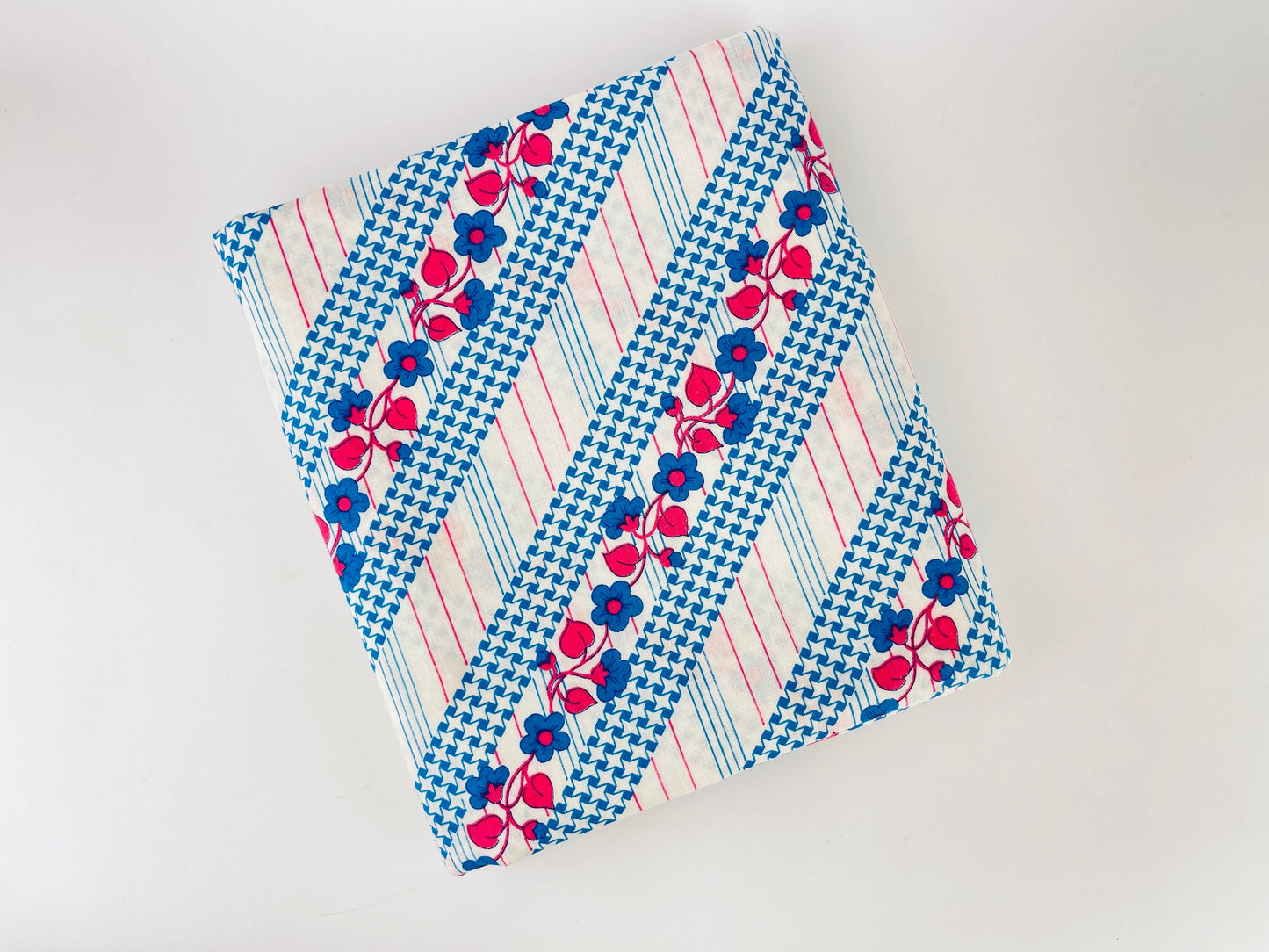 Product image for 'vintage 70s blue pink floral striped polyester fabric 45 x 104' (view 6d5140)