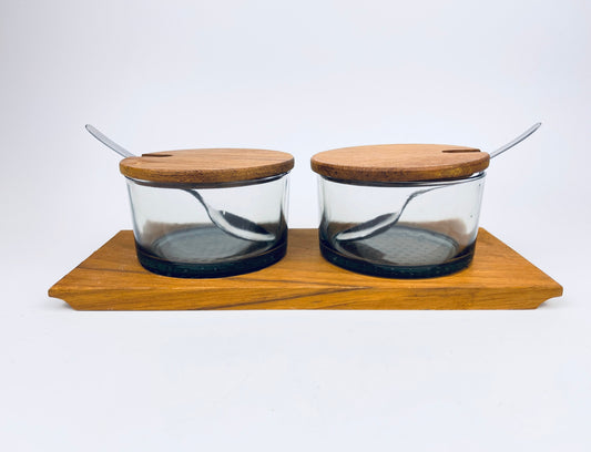 Product image for 'vintage luthje danish preserve set appetizer dinner party serve ware wood tray glass containers made in denmark' (view e1db01)