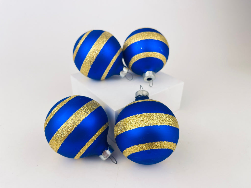 Product image for 'vintage blue gold striped glass christmas tree ornaments set of four 4 made in german democratic republic' (view f411ee)
