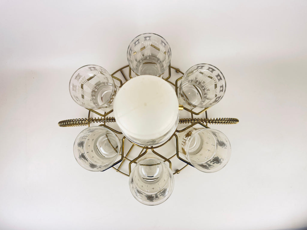 Product image for 'vintage rare aldon frosted white gold grecian gold atomic pattern barware set decanter six glasses barware gift' (view fb16ac)