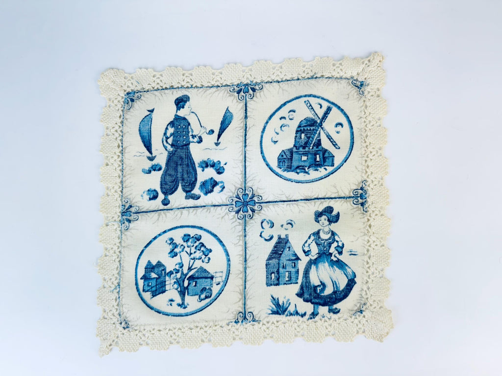 Product image for 'vintage beige blue delft inspired lace edge table runner centrepiece doily' (view bd6108)