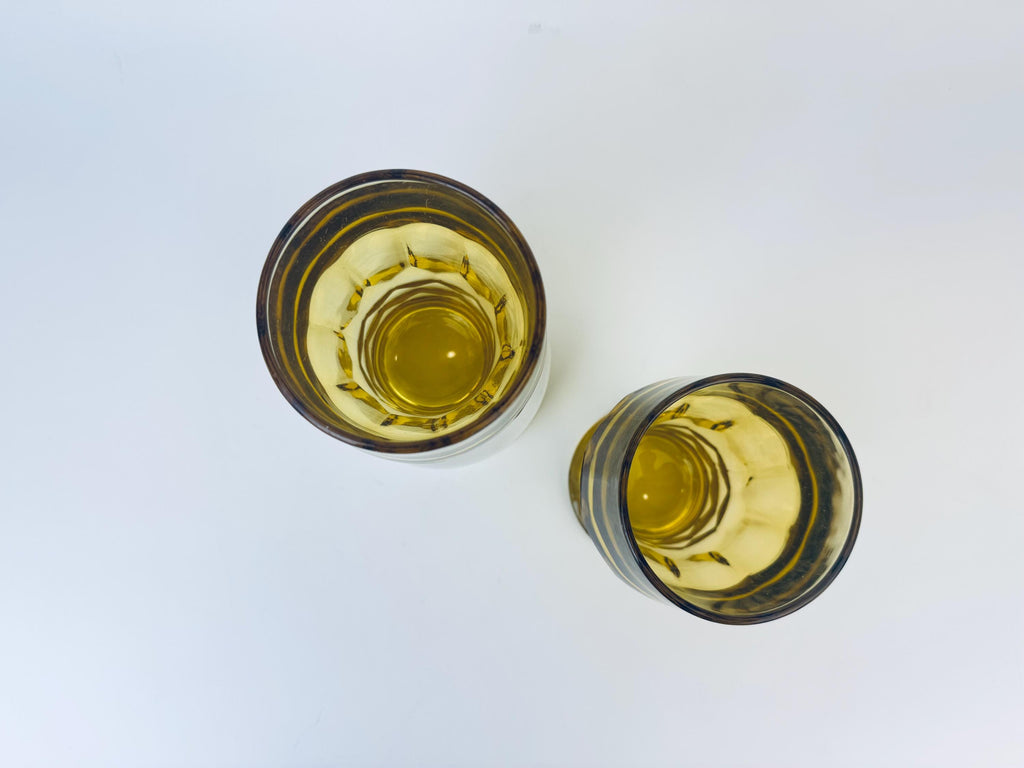 Product image for 'vintage amber chiselled heavy glass pedestal glasses set of two 2 anchor hocking made in usa' (view 8b67a3)