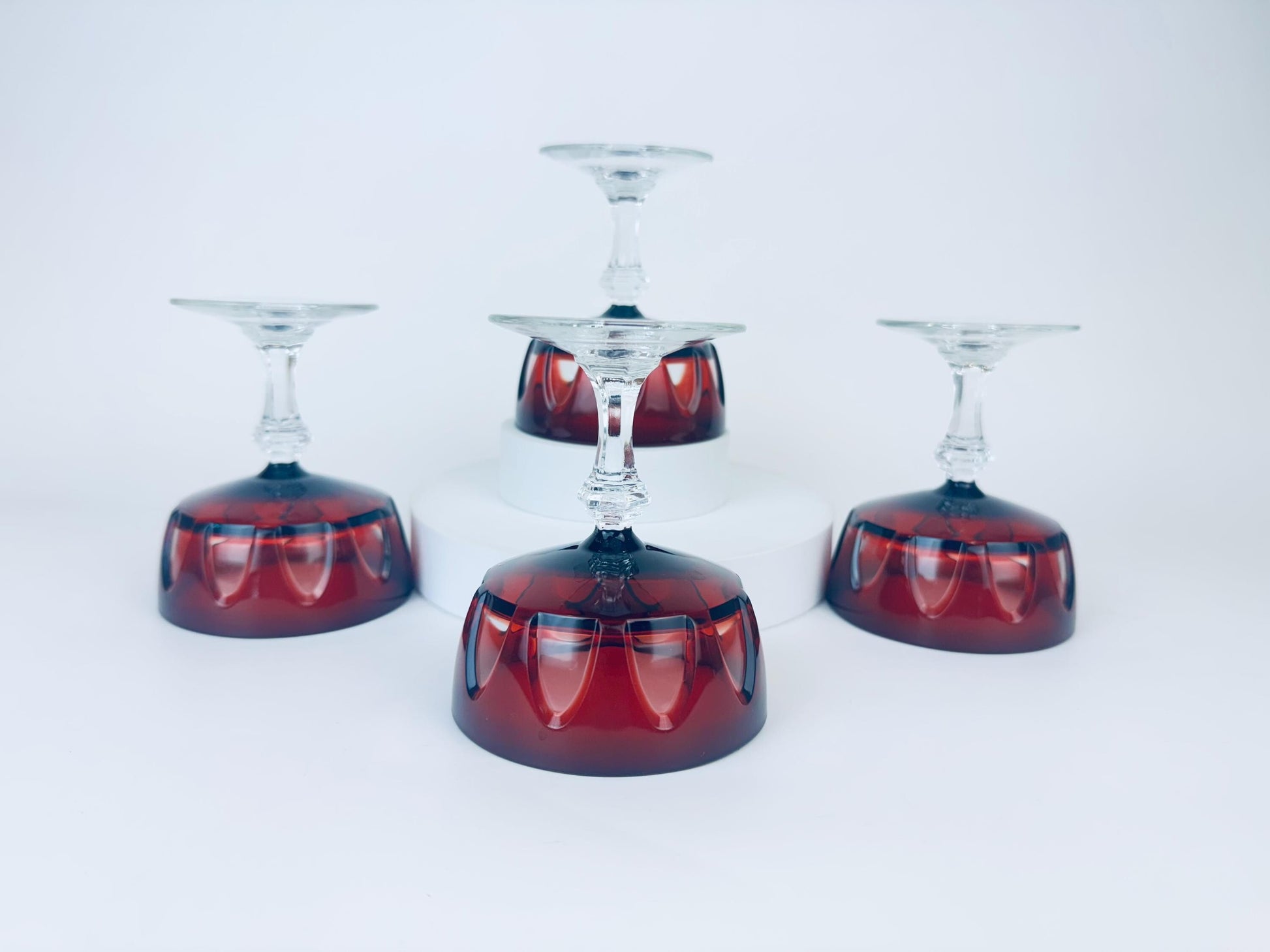 Product image for 'vintage cristal darques ruby red crystal champagne glasses mid century modern barware set of four 4 made in france' (view 403bcb)