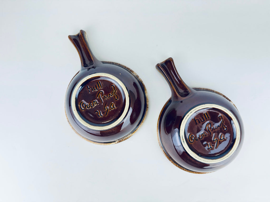 Product image for 'vintage hull oven proof usa handled soup bowls set of two 2 ceramic drip glazed brown' (view 8e4cbc)