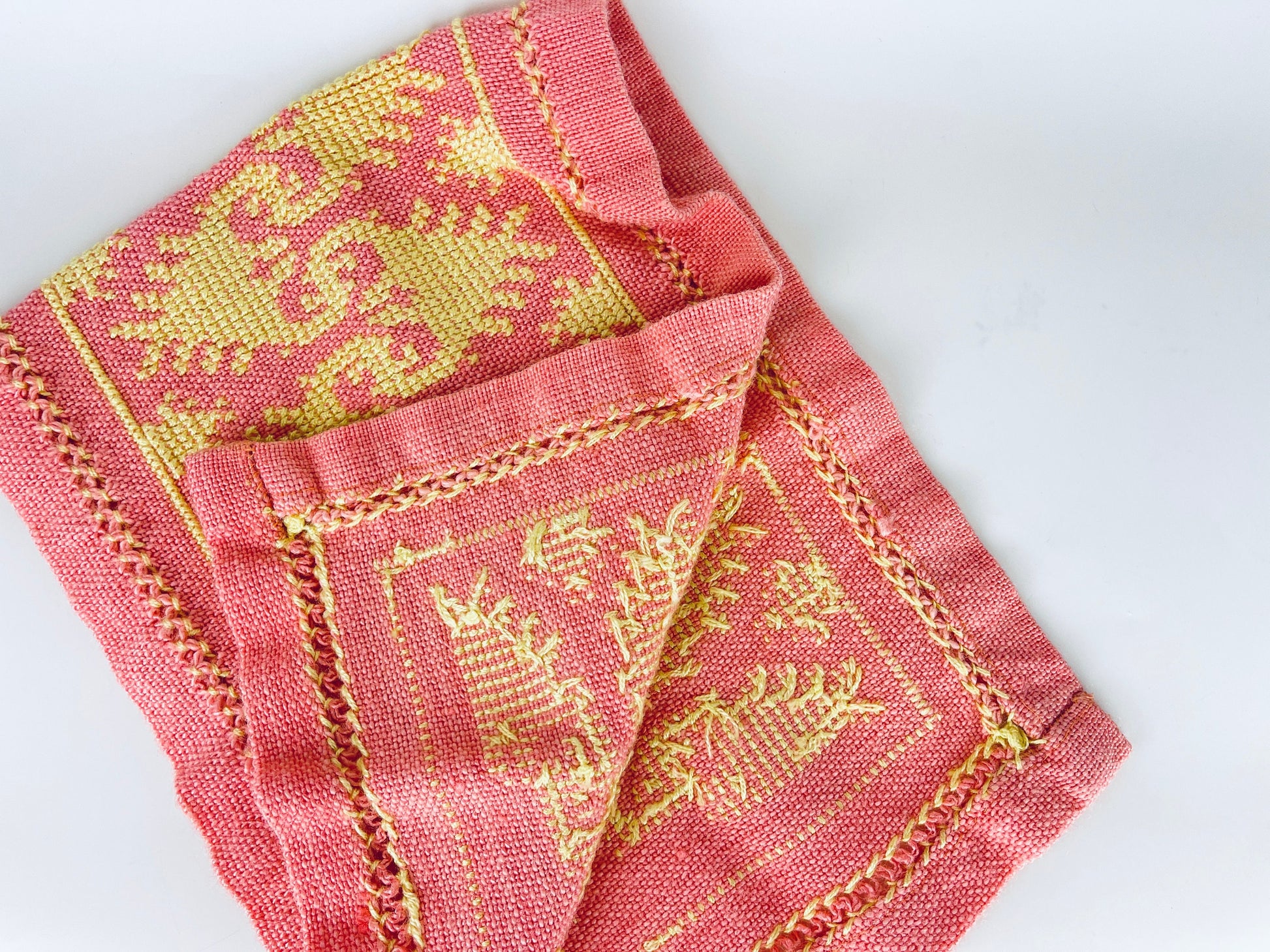 Product image for 'vintage pink yellow hand embroidered rectangular table runner geometric pattern' (view e6b8b8)