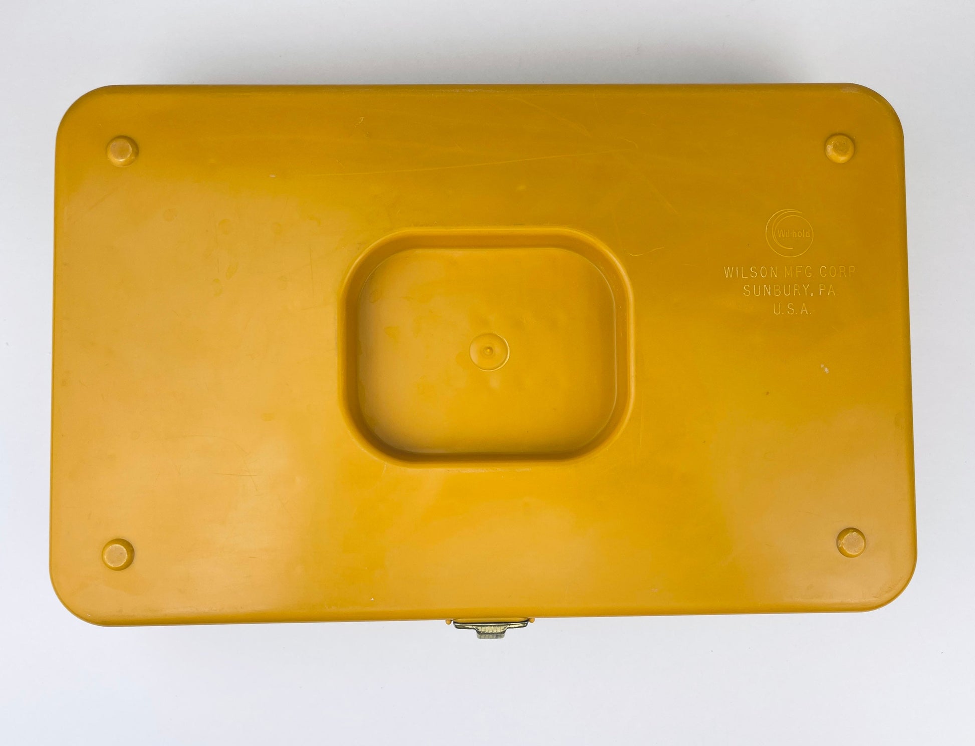 Product image for 'vintage wilson wil hold sewing box mustard yellow swirl pattern with plastic organizers handle' (view c991de)