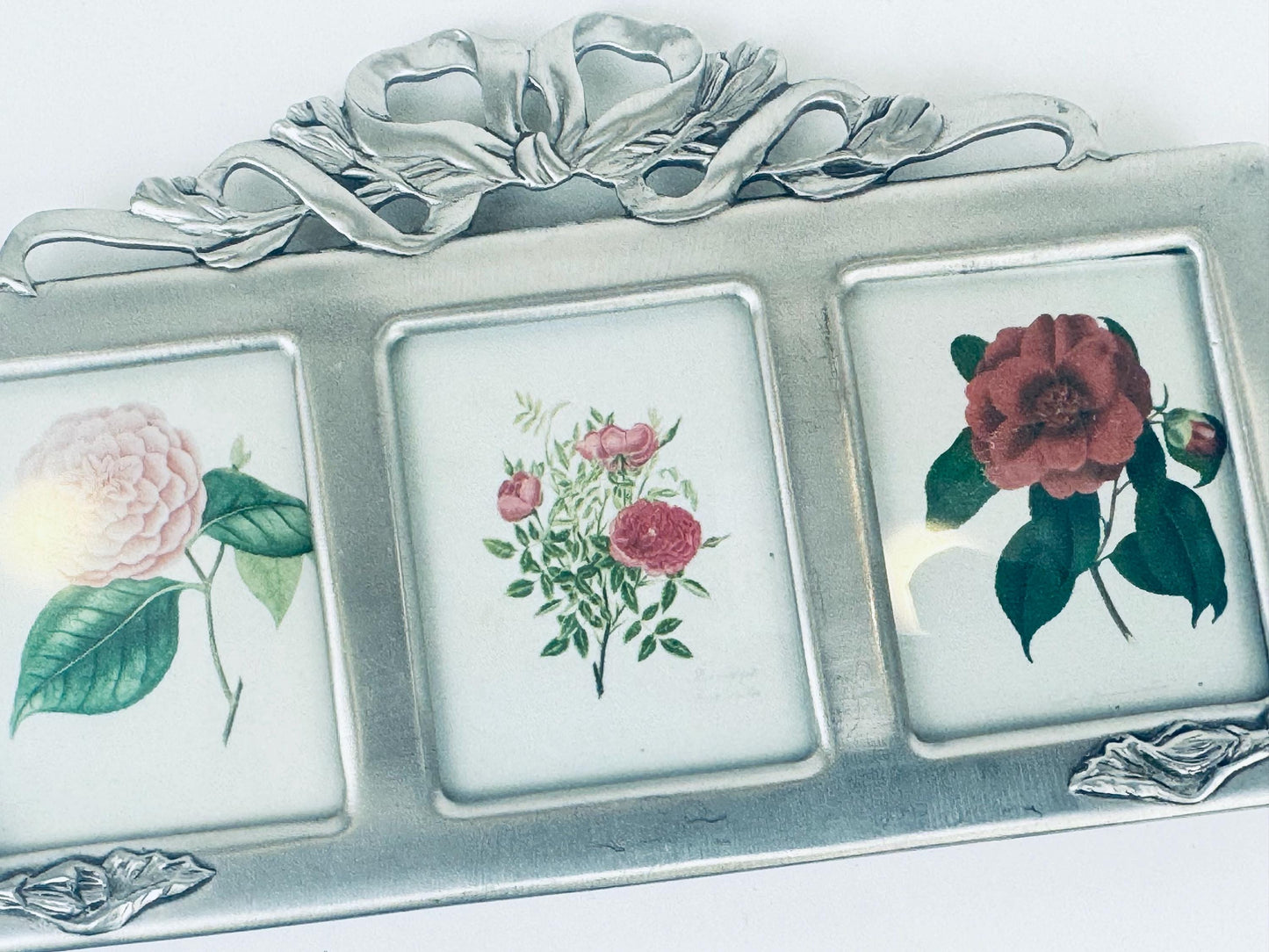 Product image for 'vintage pewter silver floral bow tabletop trio picture frame made in canada' (view bd4839)