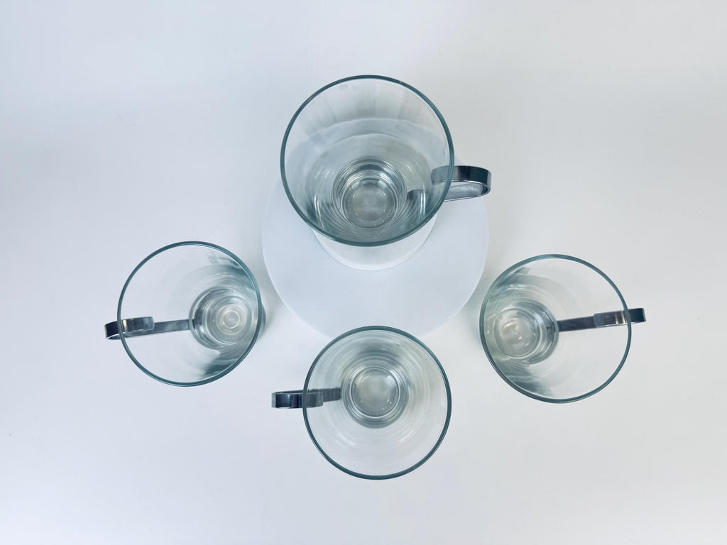 Product image for 'vintage bormioli rocco ypsilon glasses removable silver stainless steel handles set of four 4' (view eb9500)