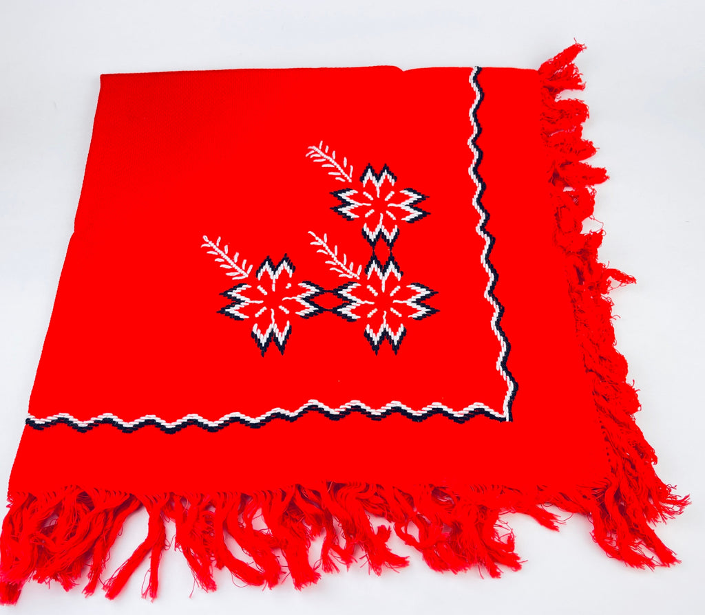 Product image for 'vintage christmas red fringe square table cloth embroidered poinsettia linen 25 x 25' (view db8b8d)