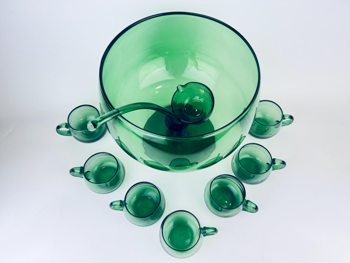 Product image for 'vintage verde green italian empoli art glass footed punch bowl set ladle seven 7 cups italian art glass elegance' (view 5a2ac6)