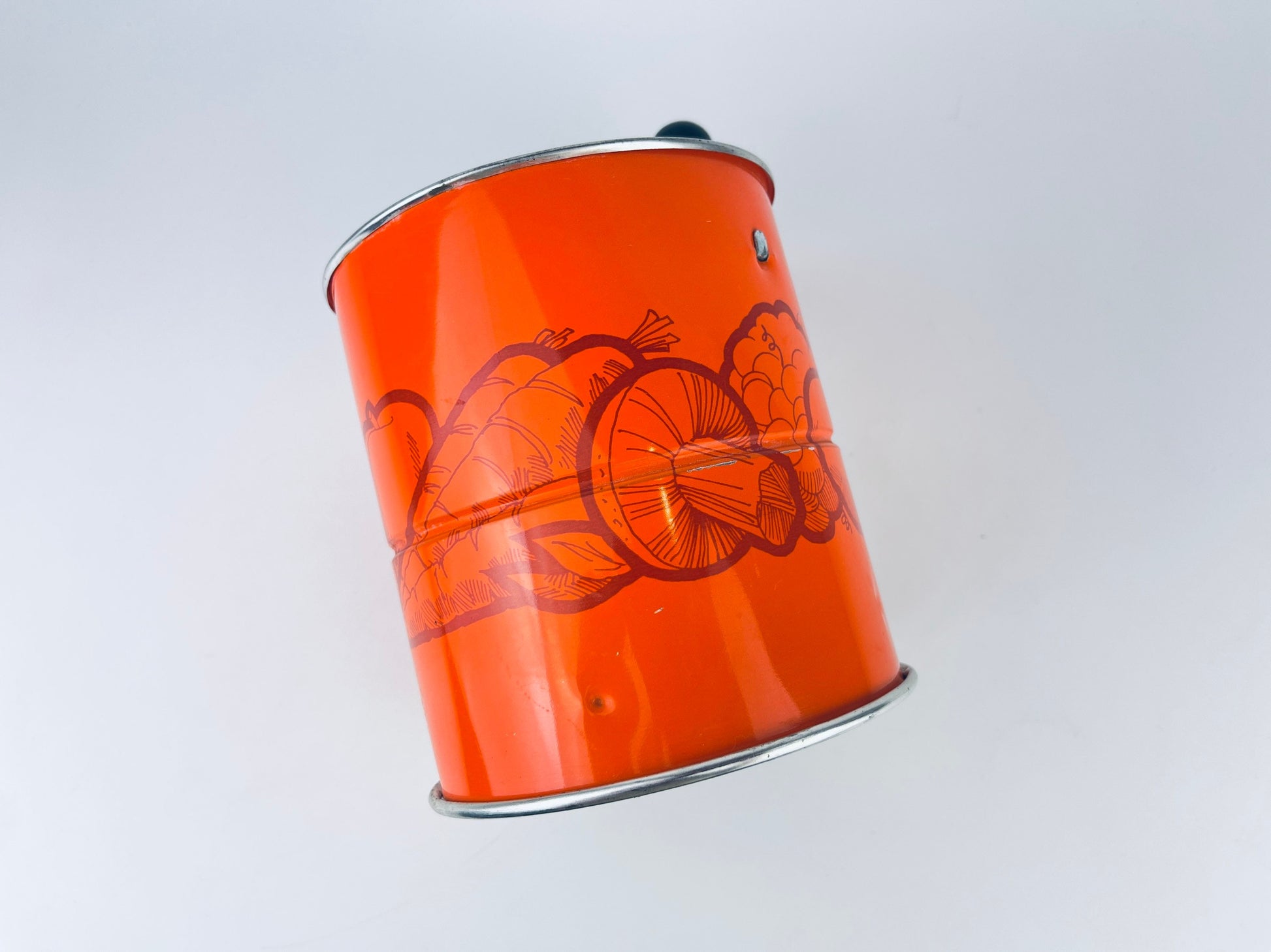 Product image for 'vintage orange metal flour sifter merry mushroom veggie pattern three 3 screen layers' (view 43aaa2)