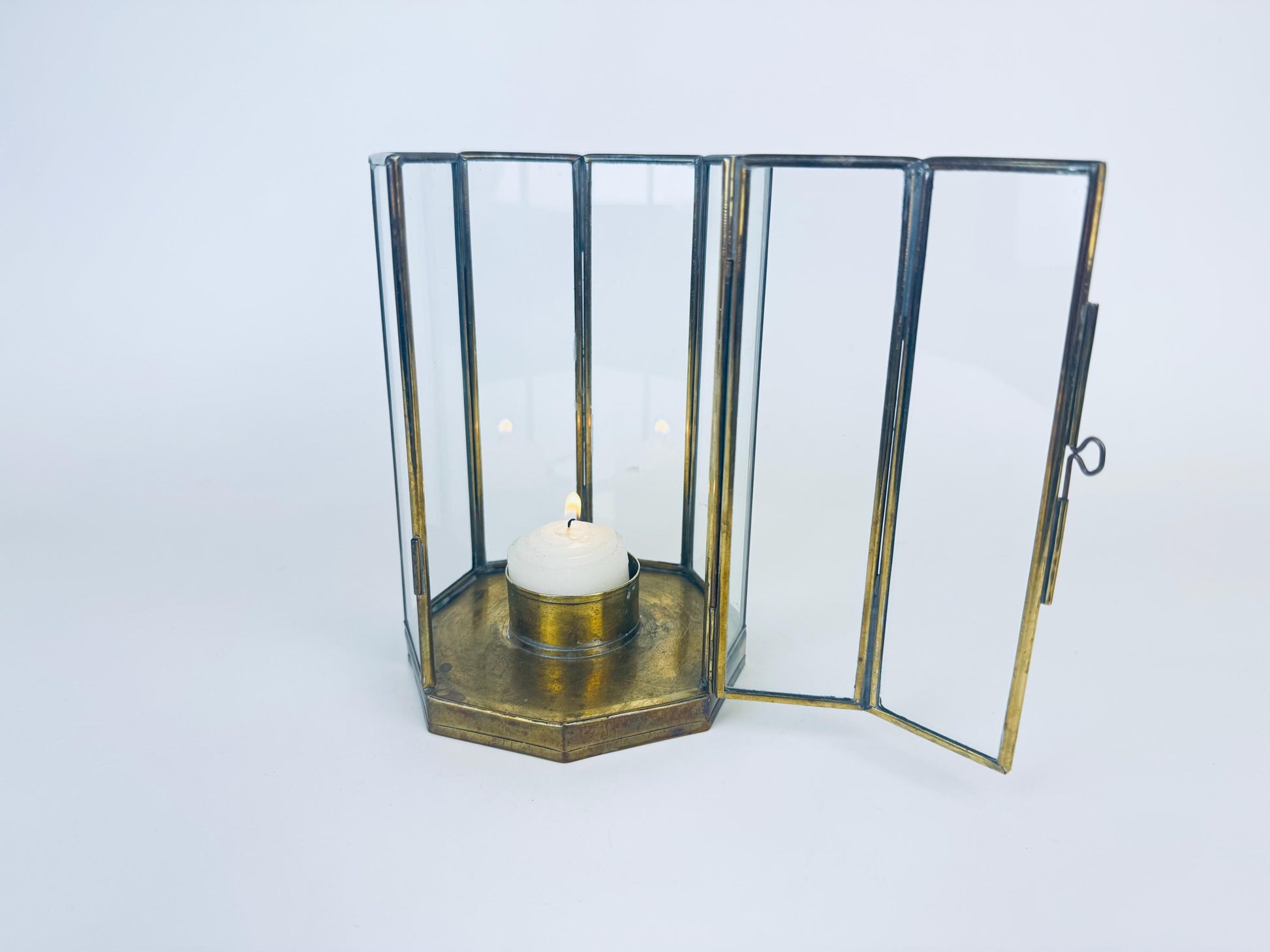 Product image for 'vintage brass glass double door display curio candleholder attractive aged brass patina' (view 1a614c)