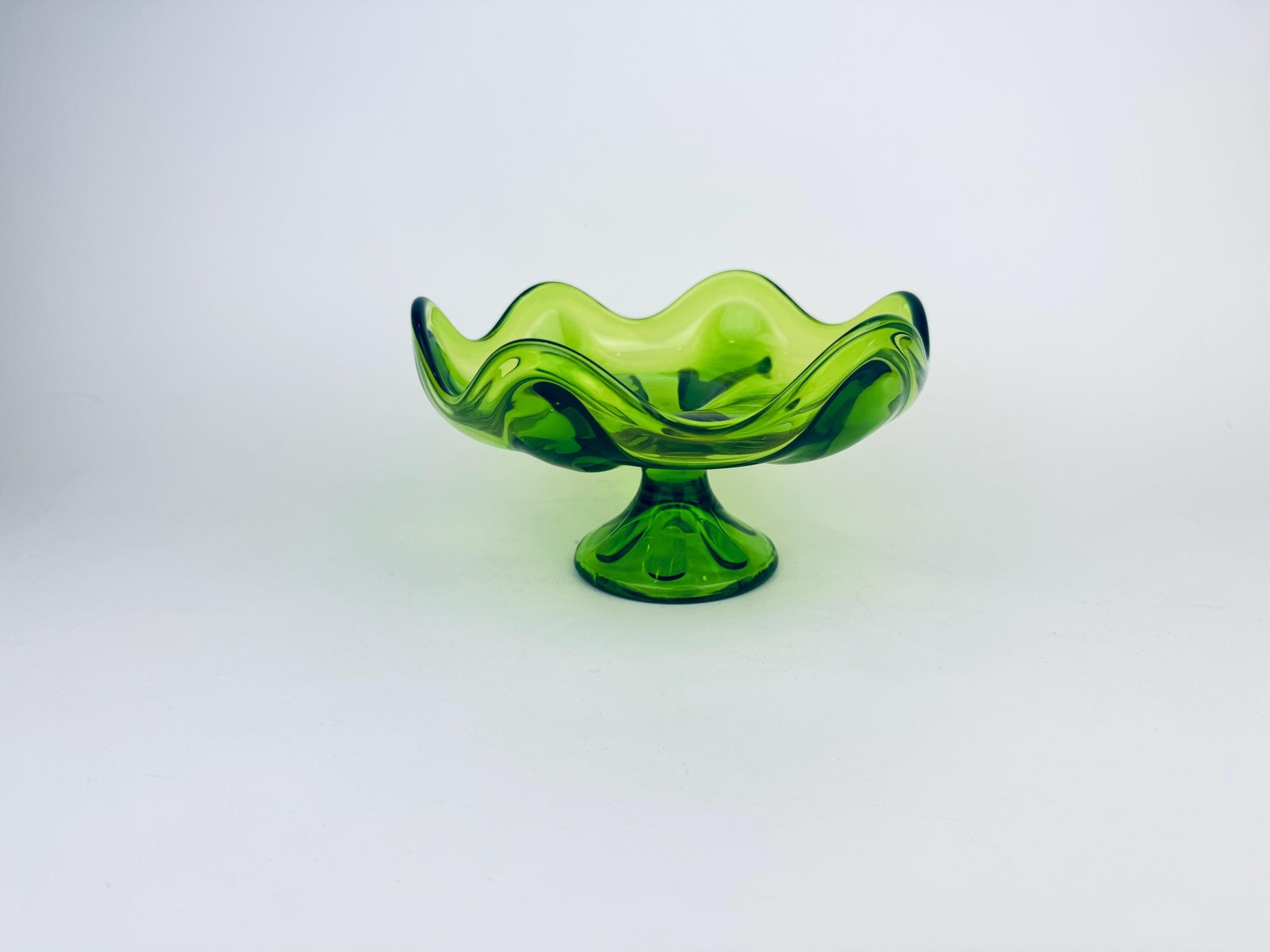 Product image for 'vintage viking epic glass green six petal crimped compote mid century modern art glass bowl' (view da4146)