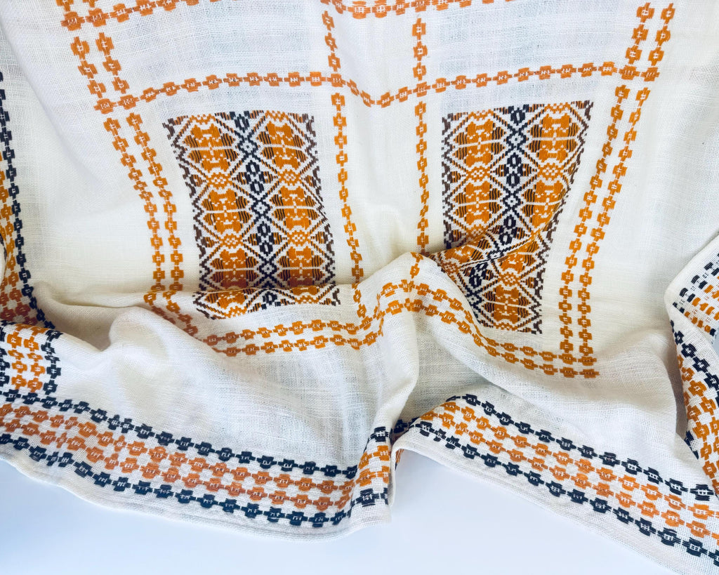 Product image for 'vintage embroidered brown orange geometric pattern beige table cloth 48 x 60' (view 6ad60d)