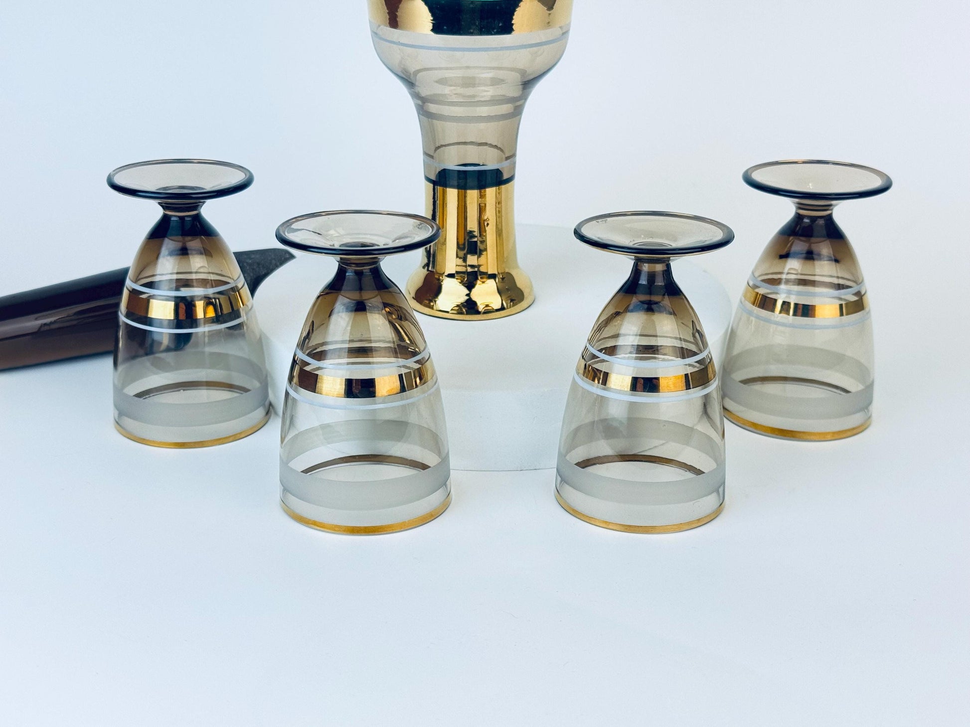 Product image for 'vintage black gold striped barware set glass decanter four 4 small goblet glasses bohemia crystal' (view 6486da)
