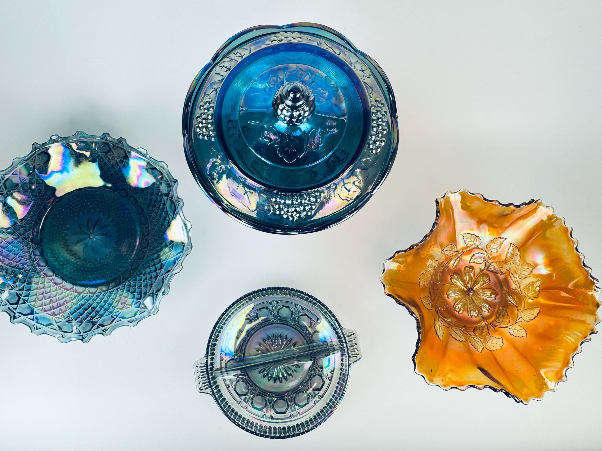 Product image for 'vintage collectible carnival glass peacock blue marigold smoke grey colour sold separately' (view 499832)