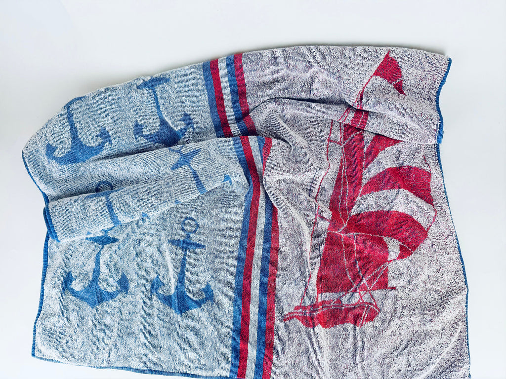 Product image for 'vintage nautical sail boat anchor beach shower towel elegance 100 cotton made in poland' (view af9600)