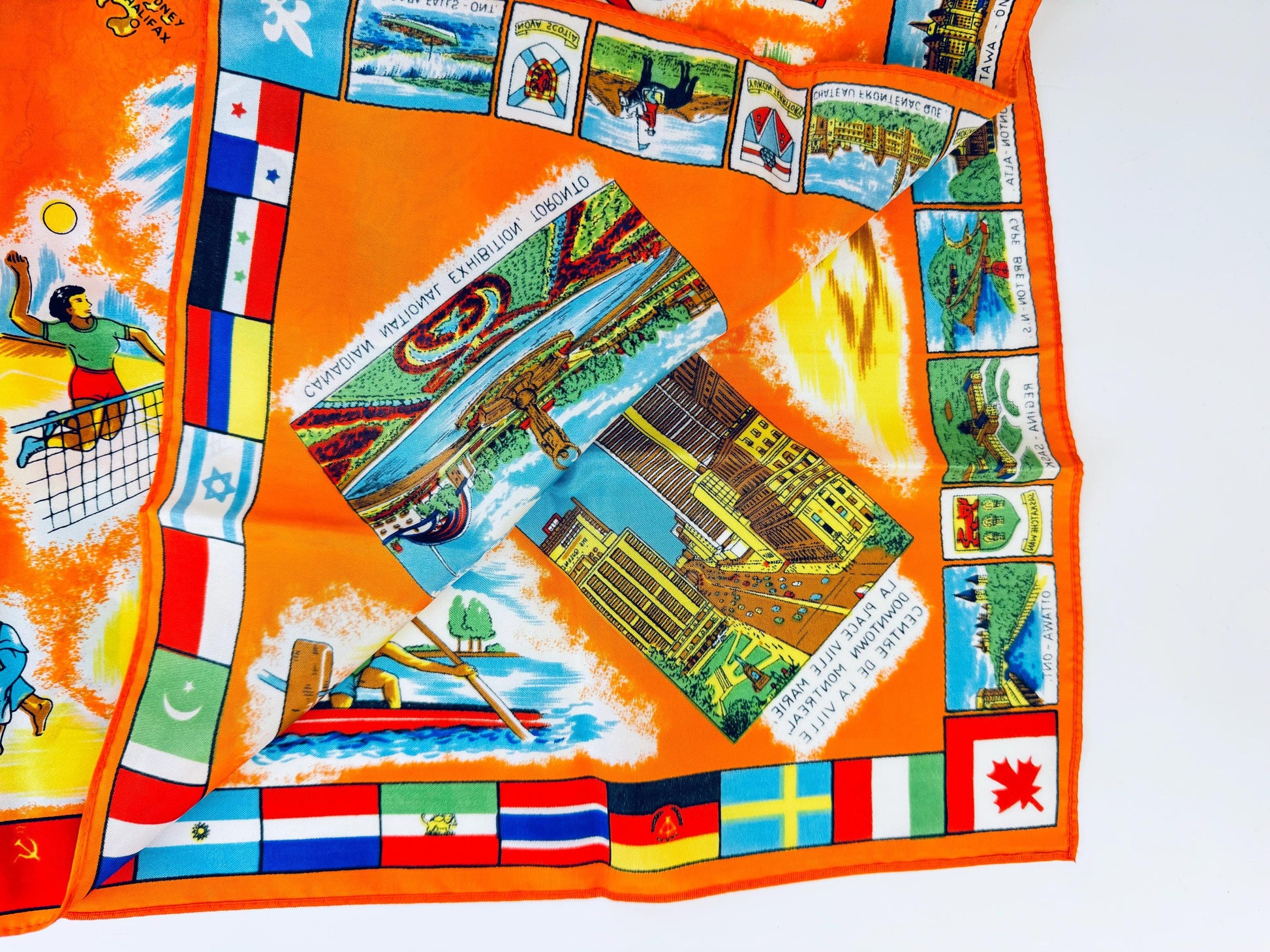 Product image for 'vintage beautiful le joli canada souvenir silk scarf table cloth canadian national exhibition toronto' (view a78ac4)