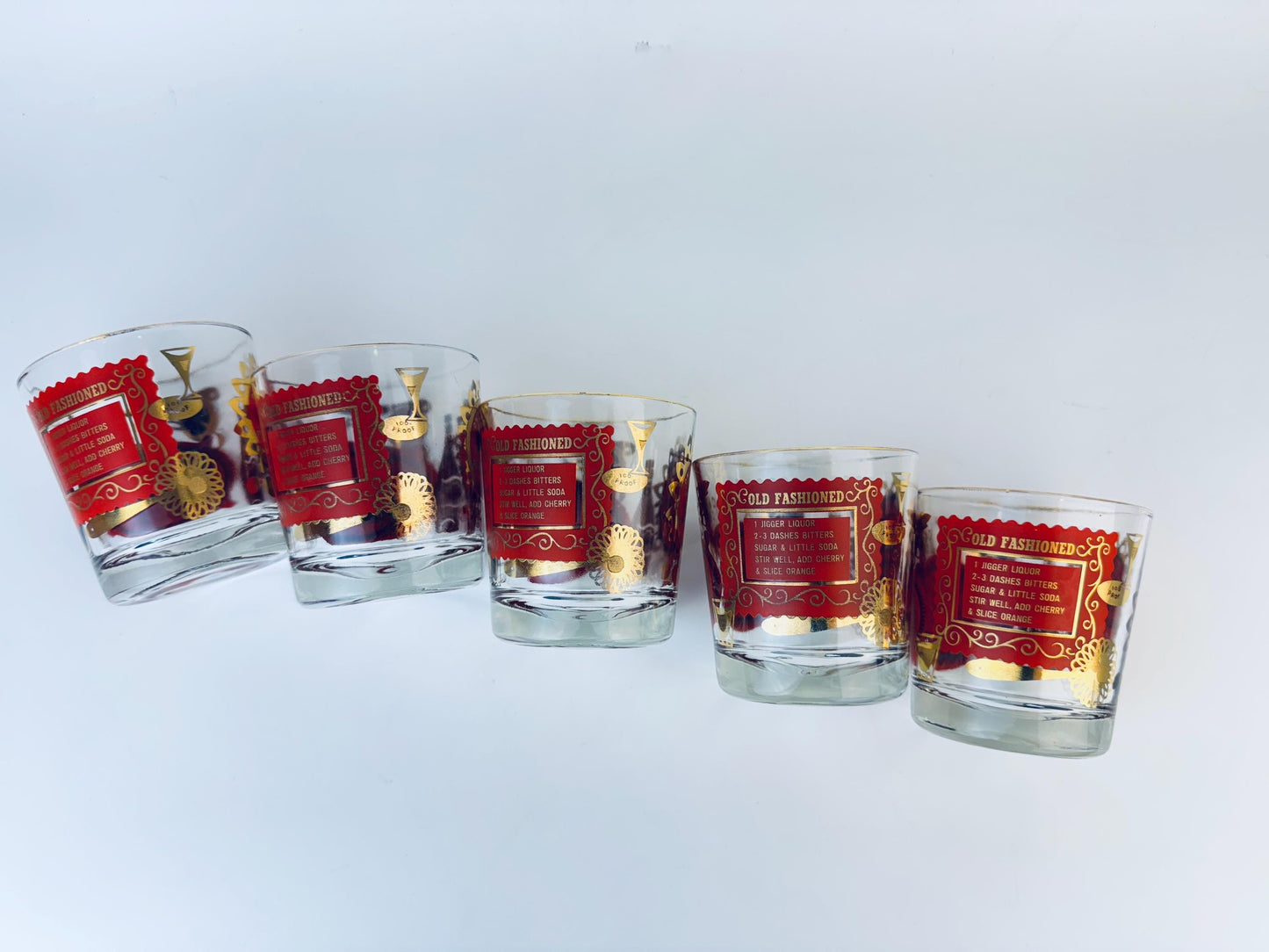 Product image for 'vintage jeanette glass heres how red and gold old fashioned glasses set of five 5' (view faecfc)