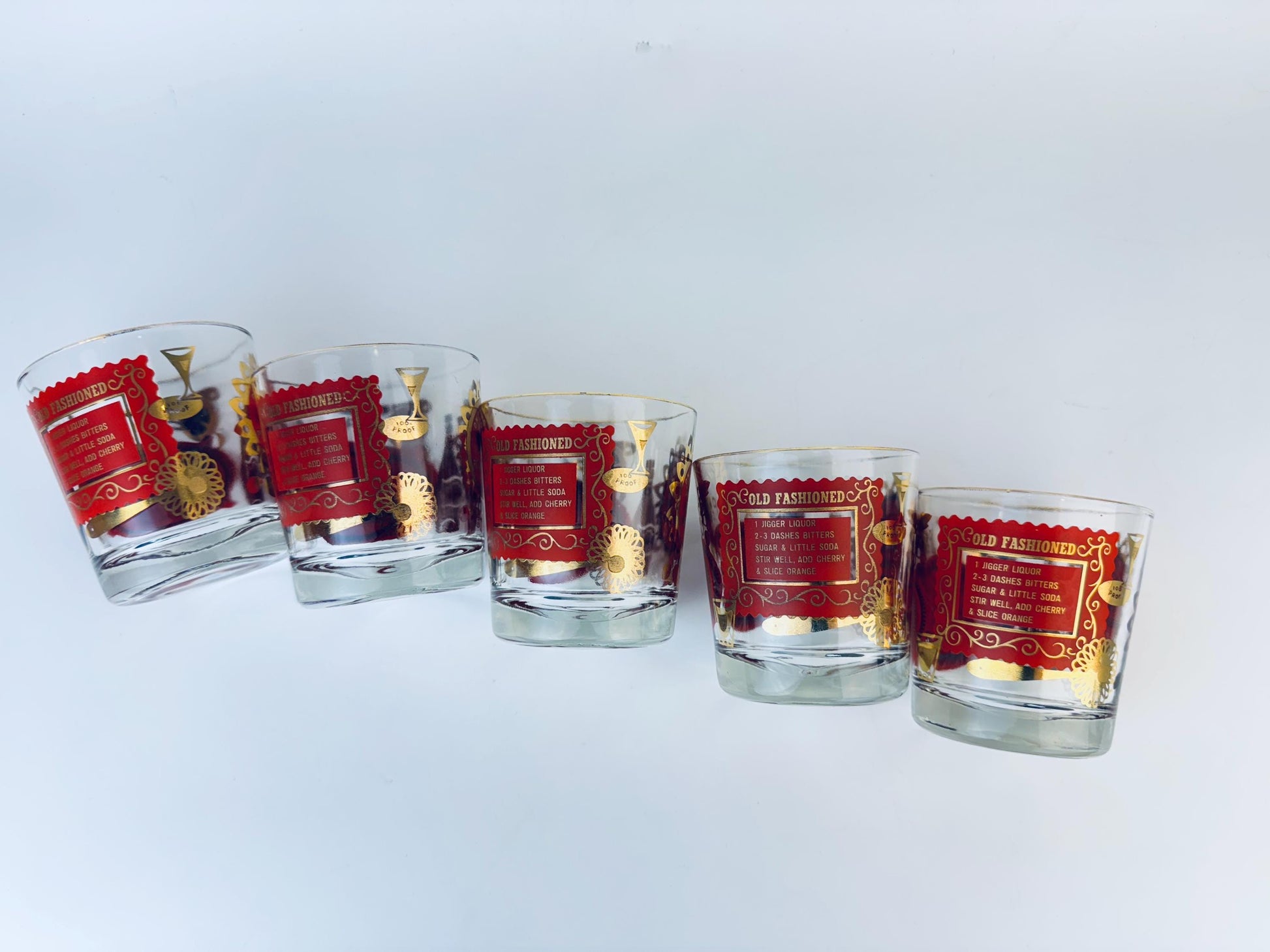 Product image for 'vintage jeanette glass heres how red and gold old fashioned glasses set of five 5' (view faecfc)