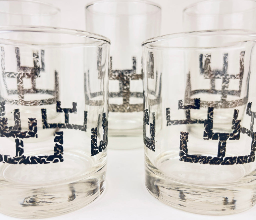 Product image for 'vintage libbey highball lowball glasses set of five 5 textured silver abstract line pattern' (view af9245)