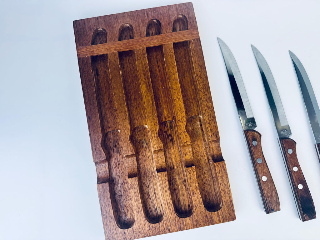 Product image for 'vintage japanese stainless steel wood knife set set of 4 wall mount block' (view a5d368)