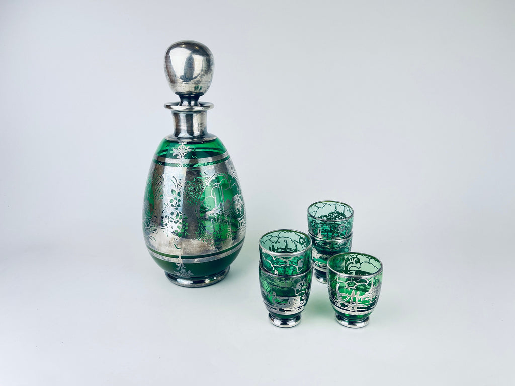 Product image for 'vintage emerald green silver overlay scene barware set glass decanter five 5 small shot glasses' (view b950da)
