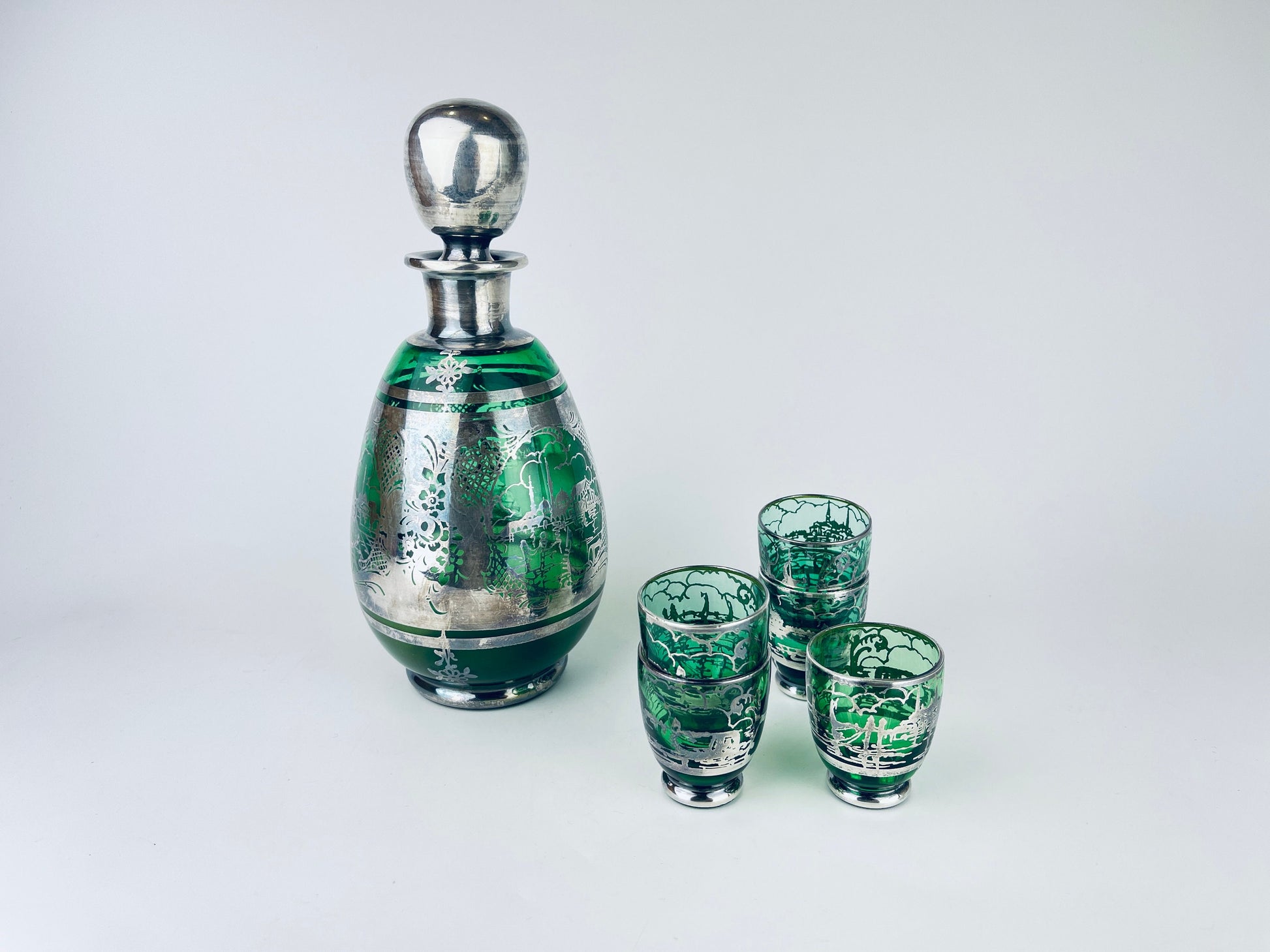Product image for 'vintage emerald green silver overlay scene barware set glass decanter five 5 small shot glasses' (view b950da)