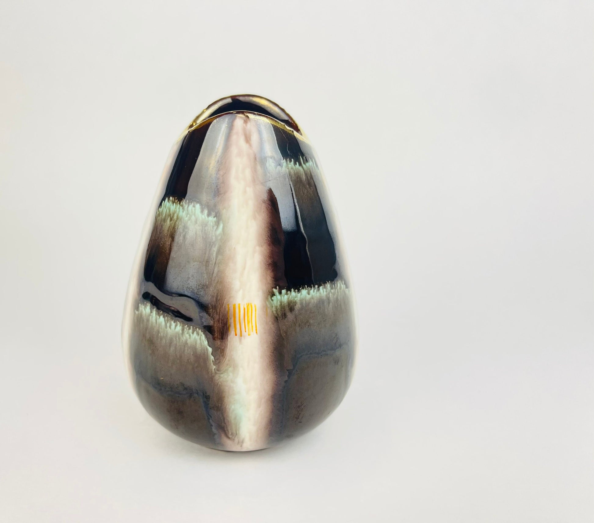 Product image for 'vintage mcm fish mouth pottery vase by jasba teal streak line gold rimmed top model 582 12 made in west germany' (view 627b8b)
