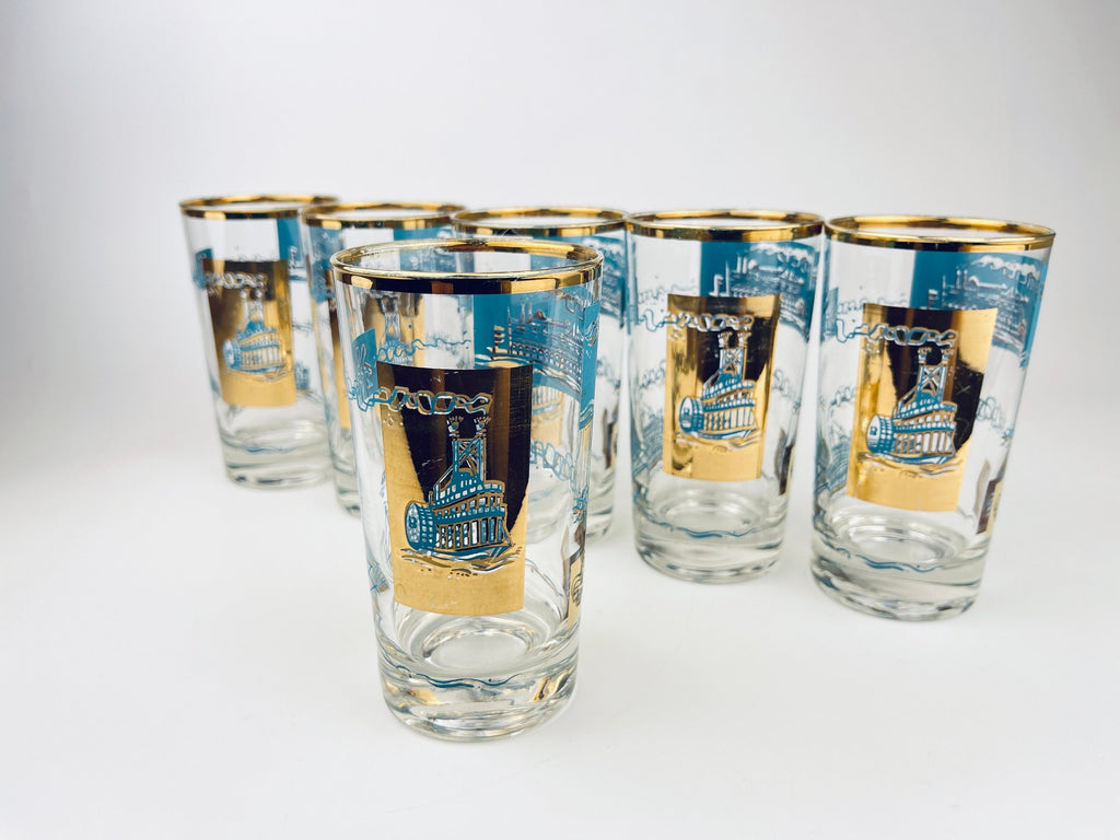Product image for 'vintage mcm riverboat highball glass barware set set of six 6 22 kt gold aqua teal southern comfort libbey glassware' (view f9f2eb)