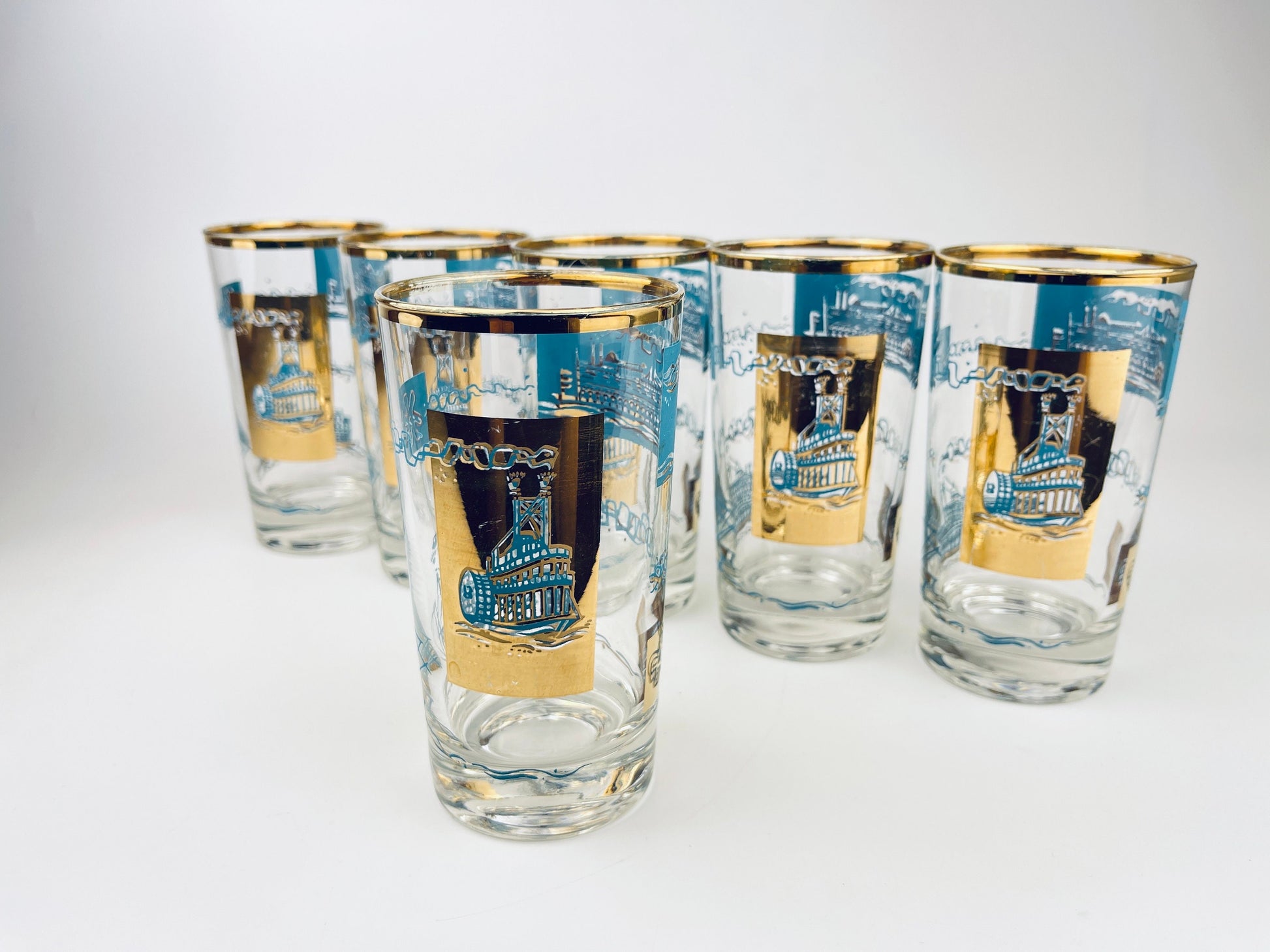 Product image for 'vintage mcm riverboat highball glass barware set set of six 6 22 kt gold aqua teal southern comfort libbey glassware' (view f9f2eb)