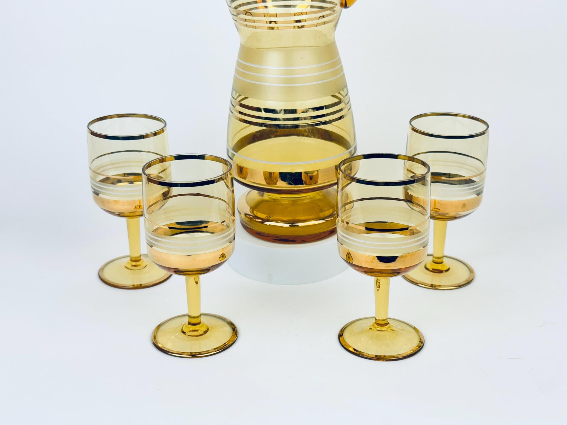 Product image for 'vintage amber gold striped glass barware set decanter stemmed glasses bohemia crystal made in czechoslovakia barware gift' (view 8a9096)