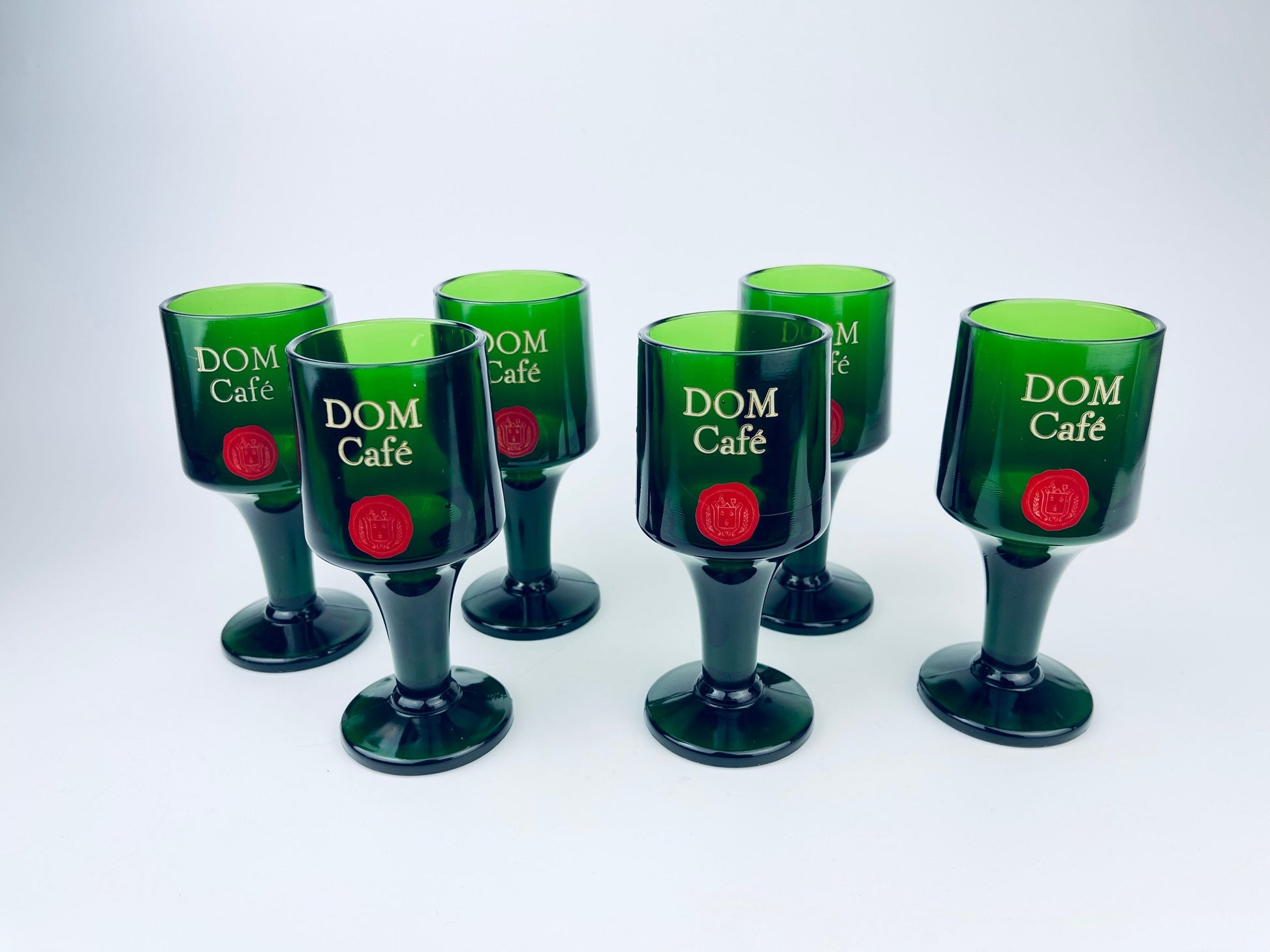 Product image for 'vintage 1970s mid century emerald green dom cafe glasses heavy pressed glass set of 6 liqueur wine goblets' (view 3c7acc)