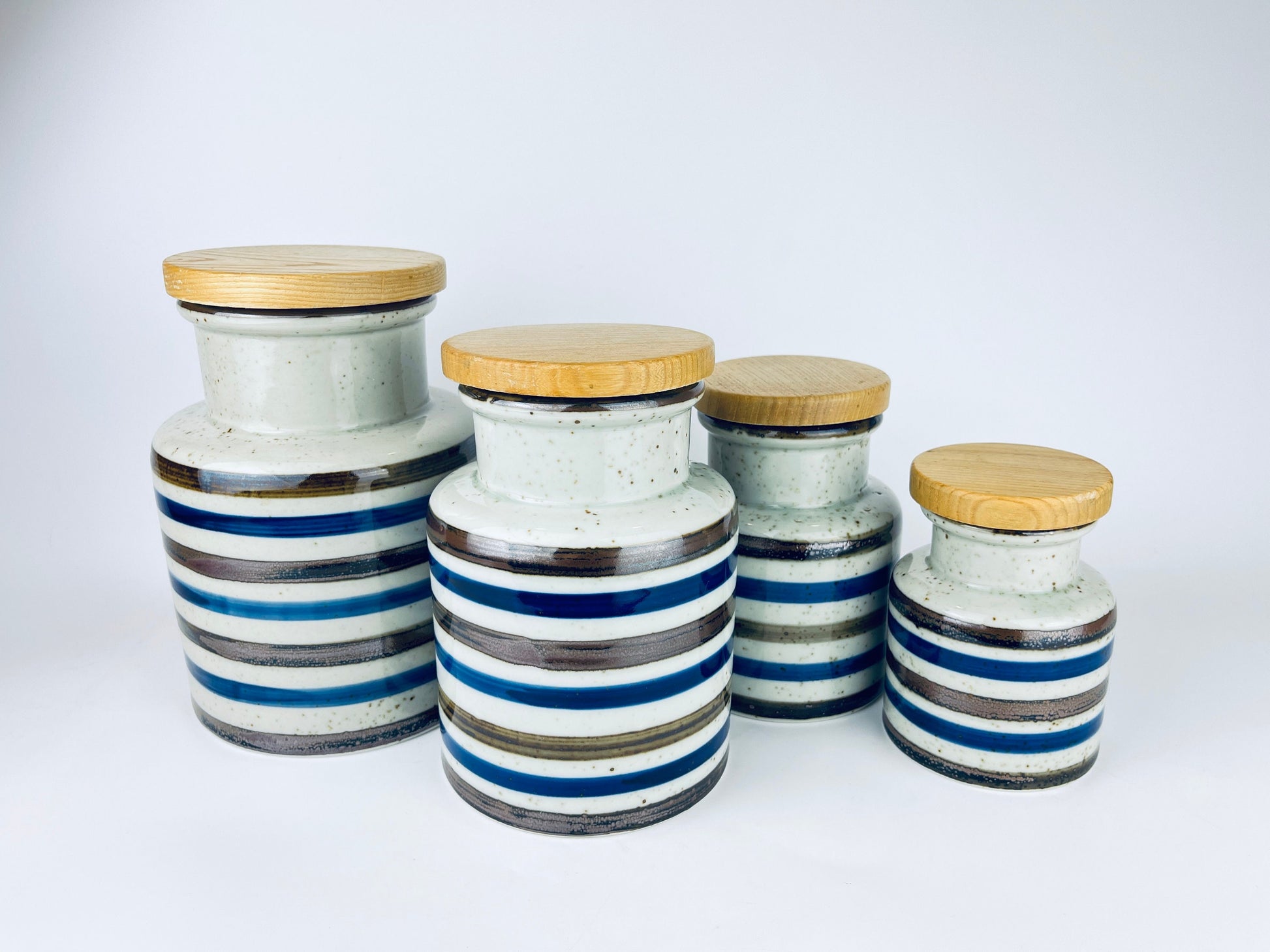 Product image for 'vintage striped grey speckle stoneware countertop canister set set of four 4 made in japan' (view e4cbf2)