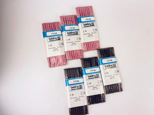 Product image for 'vintage piping tape dark brown pink polka dot pattern made in canada new old stock nos polyester cotton blend' (view f38900)