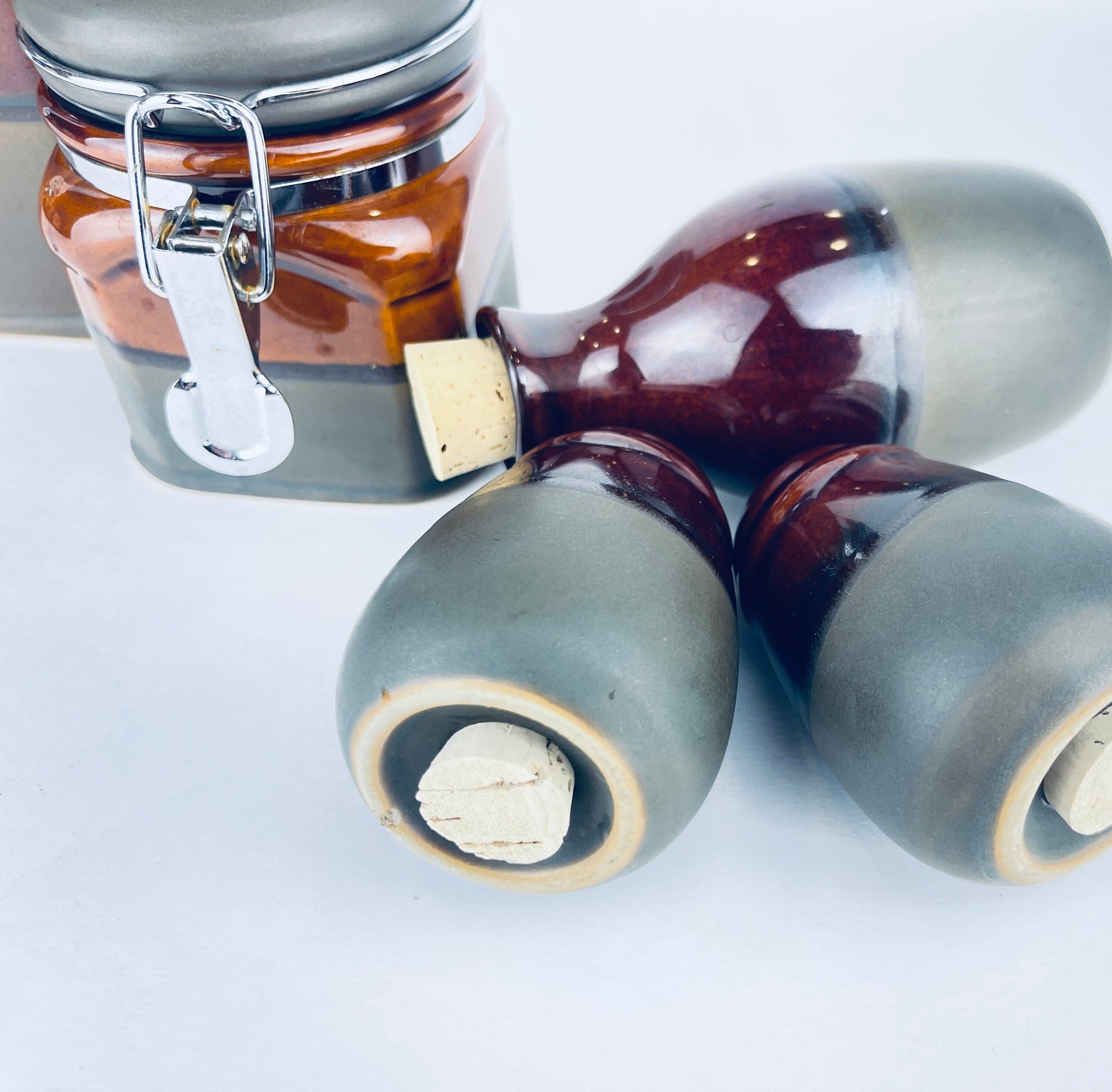 Product image for 'vintage brown grey drip glaze canister set salt pepper oil decanter included' (view 457711)
