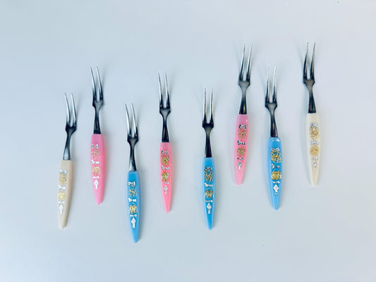 Product image for 'vintage mcm pink blue beige plastic stainless steel metal appetiser cocktail utensil picks set of six 6 made in japan' (view 347a3c)