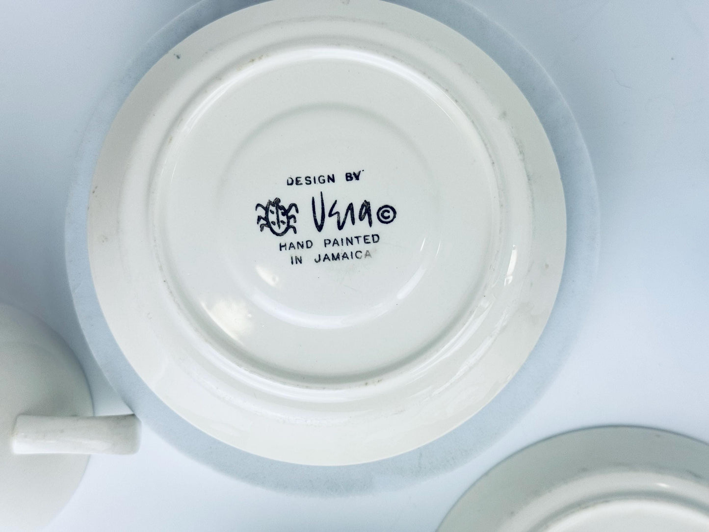 Product image for 'vintage vera jamaica hand painted mug saucer set 1960s pottery sunflower or plum design island worcester ceramic tableware' (view a151c7)