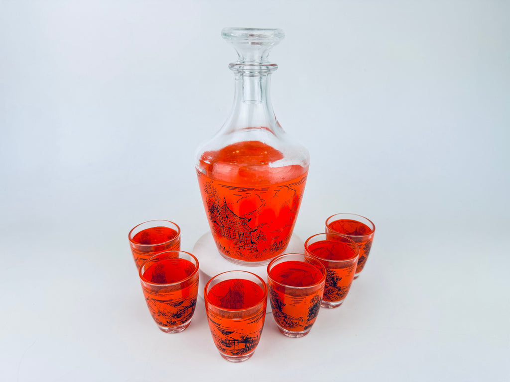 Product image for 'vintage orange black asian landscape print glass decanter shot glasses set of six 6 made in france barware gift' (view 63569e)