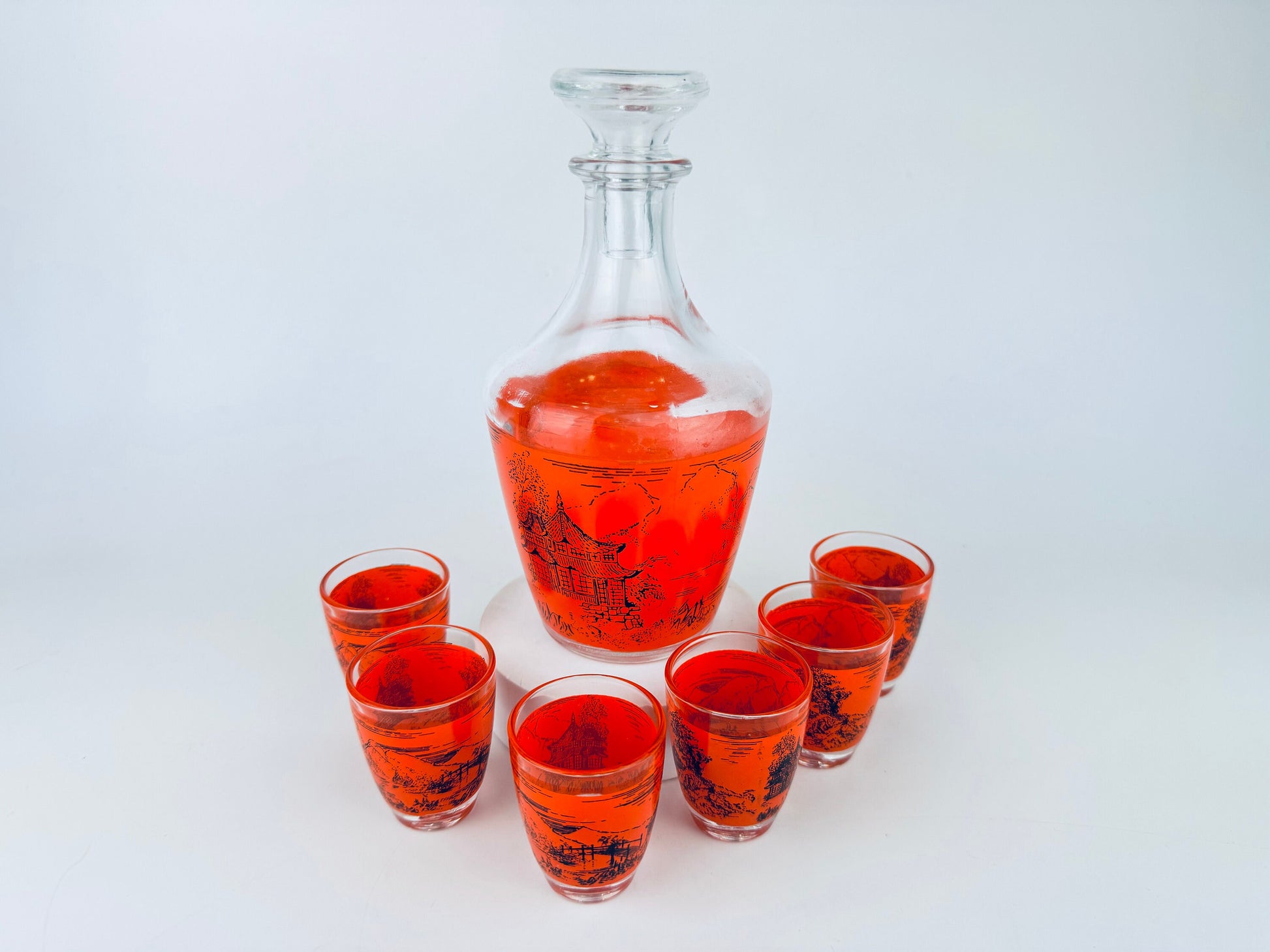 Product image for 'vintage orange black asian landscape print glass decanter shot glasses set of six 6 made in france barware gift' (view 63569e)