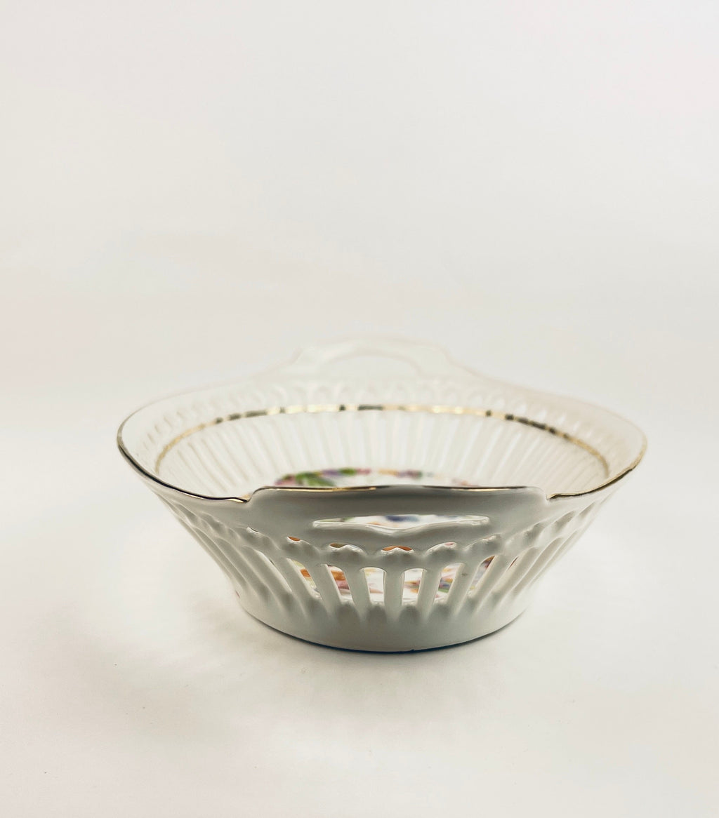 Product image for 'vintage reticulated ceramic dish flower motif pattern with gold rimmed top made in germany' (view 595a06)