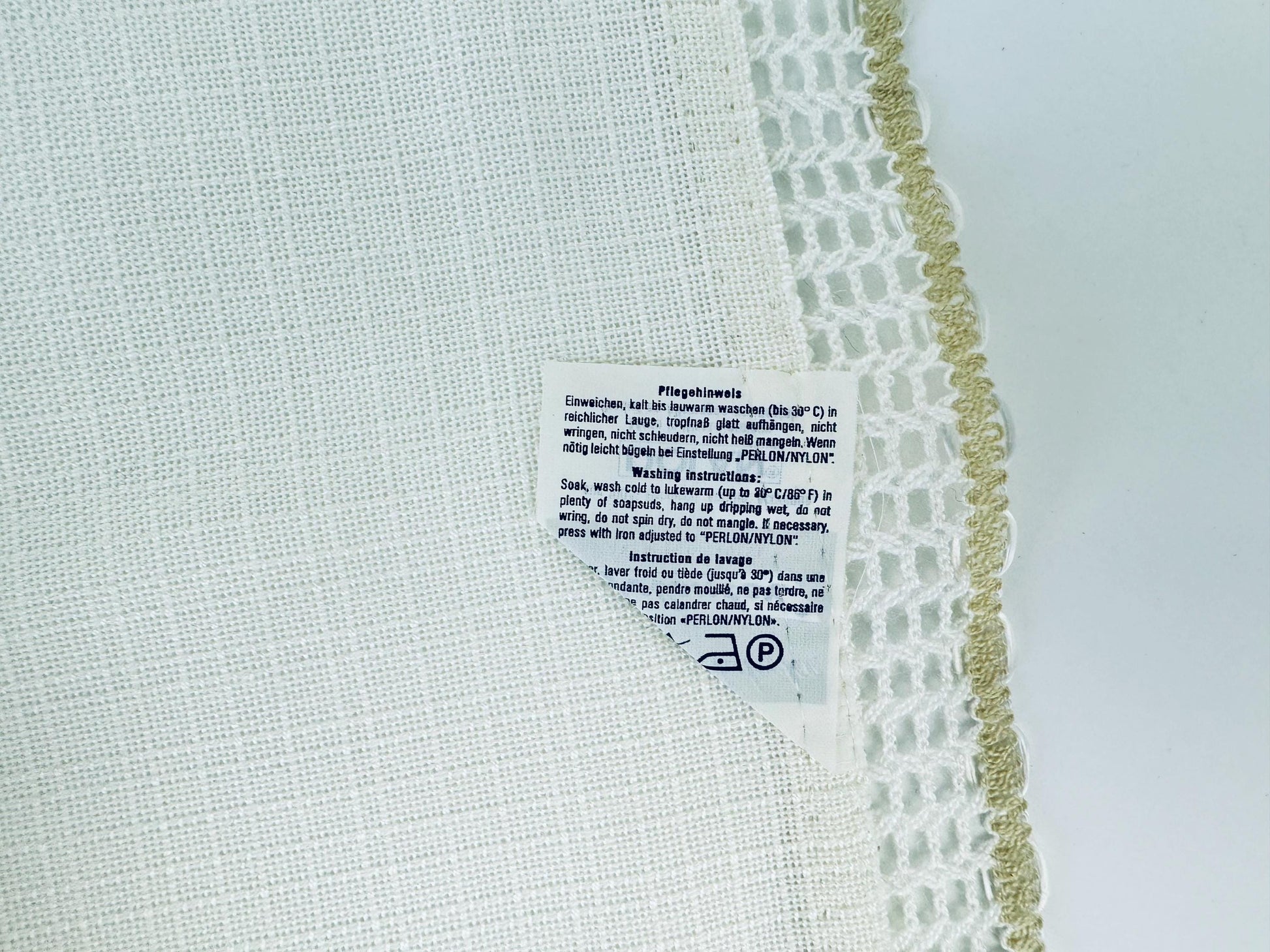 Product image for 'vintage 70s jolentex beige square tablecloth 32 x 32 lace edge 100 polyacrylic made in western germany new old stock nos' (view 50d66d)