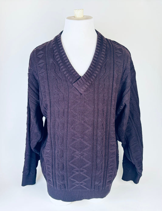 Product image for 'vintage protocol v neck purple maroon cable knit sweater size large l g 44 100 acrylic made in korea' (view cc5fdc)