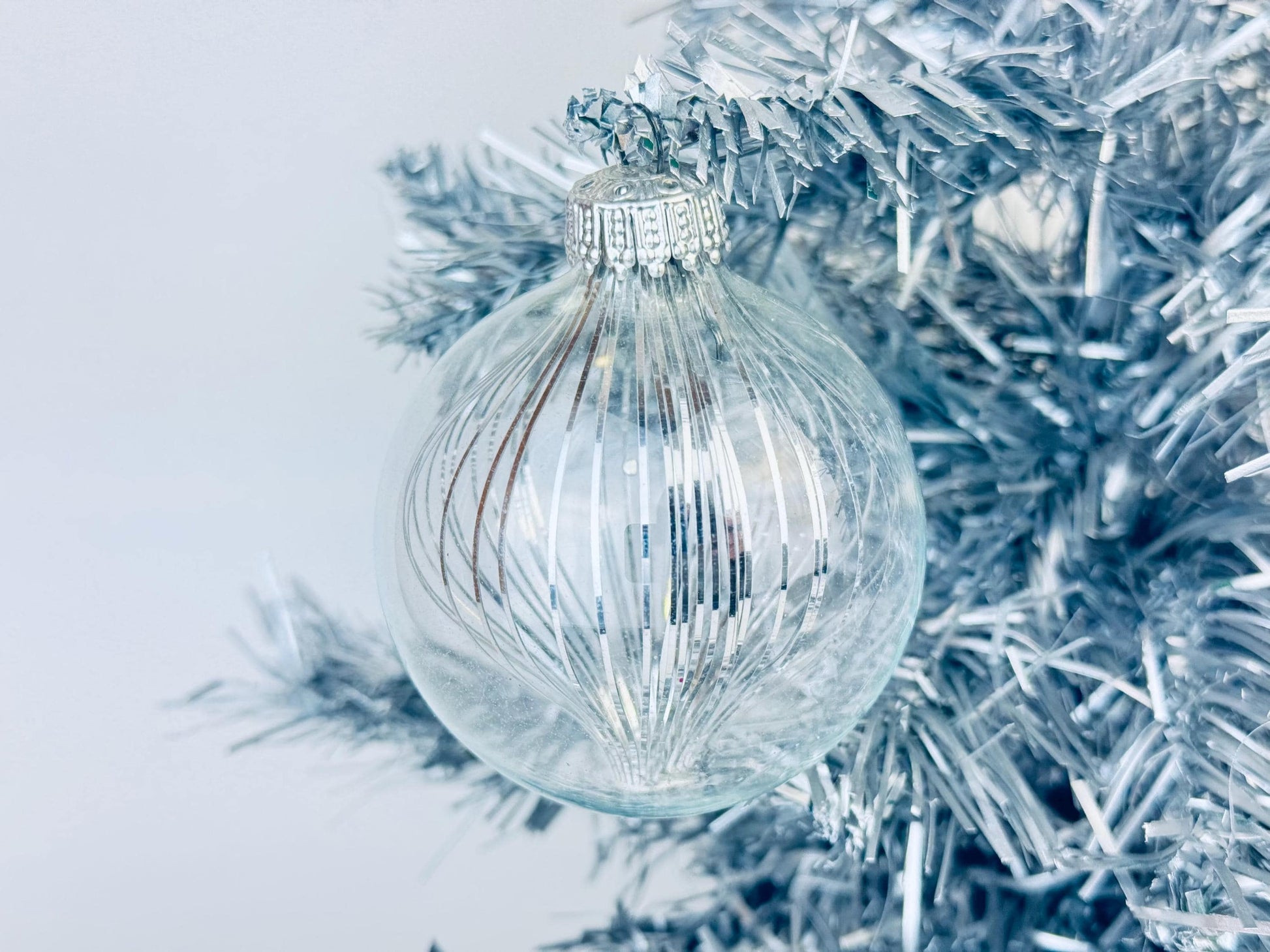 Product image for 'vintage silver clear silver tinsel glass christmas tree ornaments set of six 6 made in west germany' (view 7841c5)