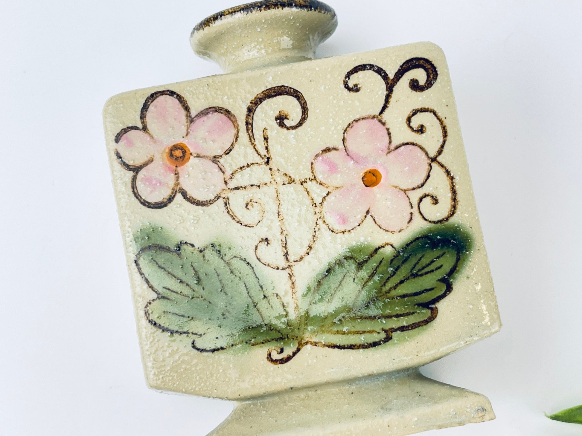 Product image for 'vintage salt glazed stoneware square vase hand painted floral' (view 732fbe)