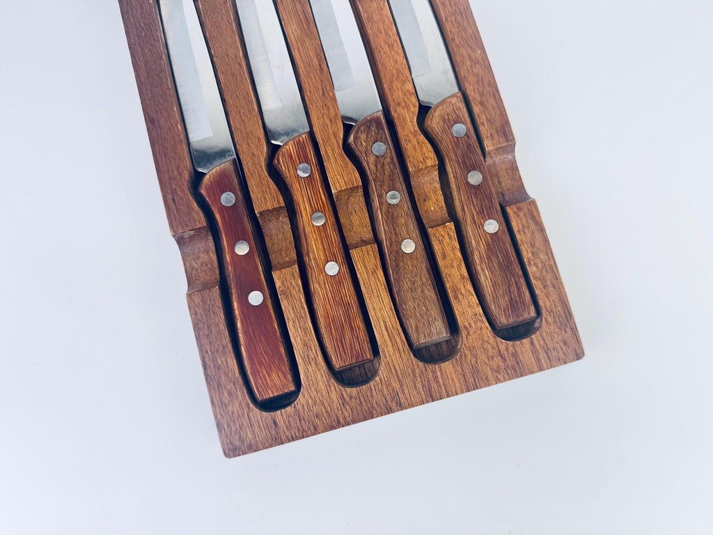 Product image for 'vintage japanese stainless steel wood knife set set of 4 wall mount block' (view db4471)